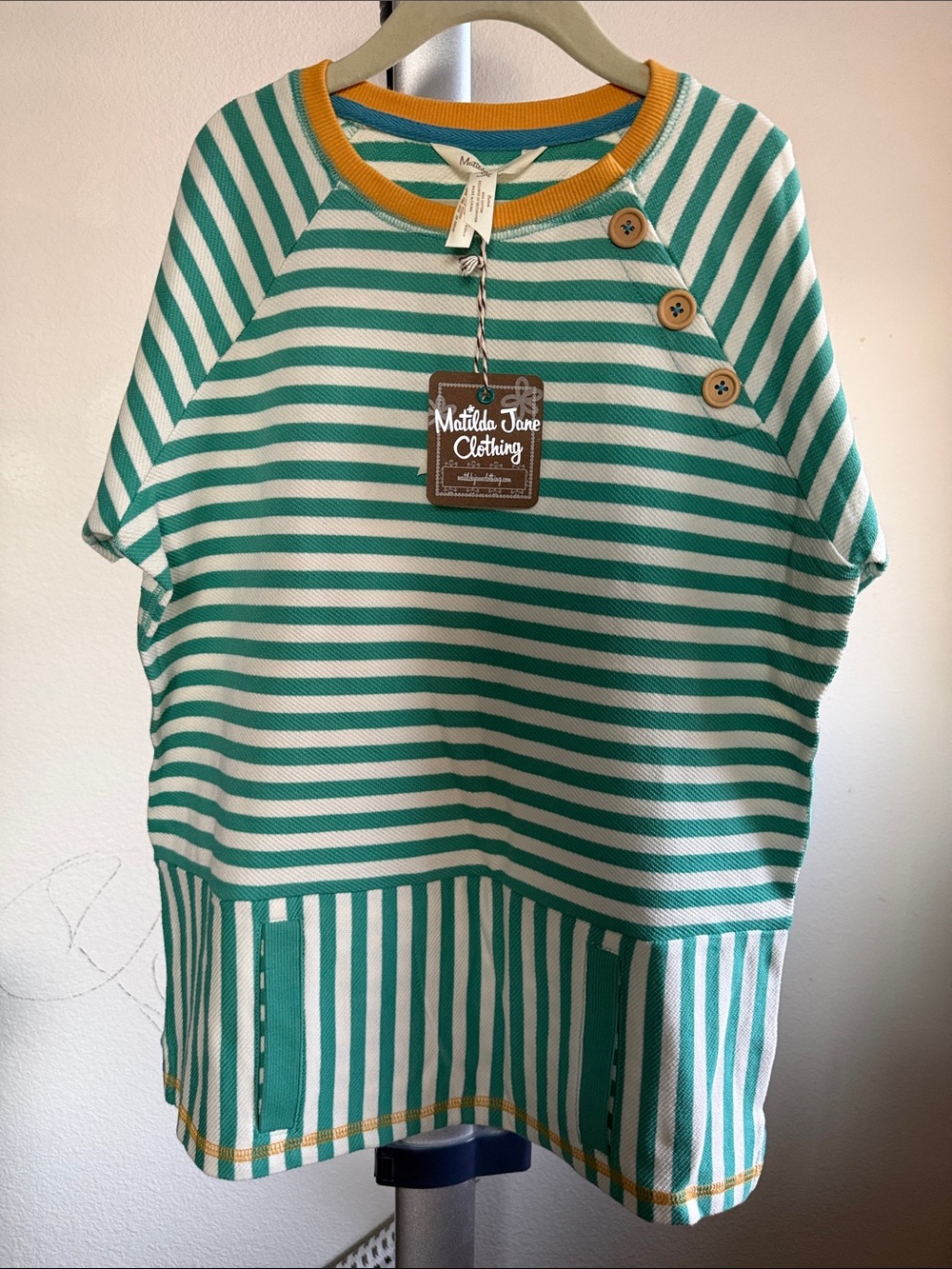 Matilda Jane Teal & White Striped Top with Mustard Trim